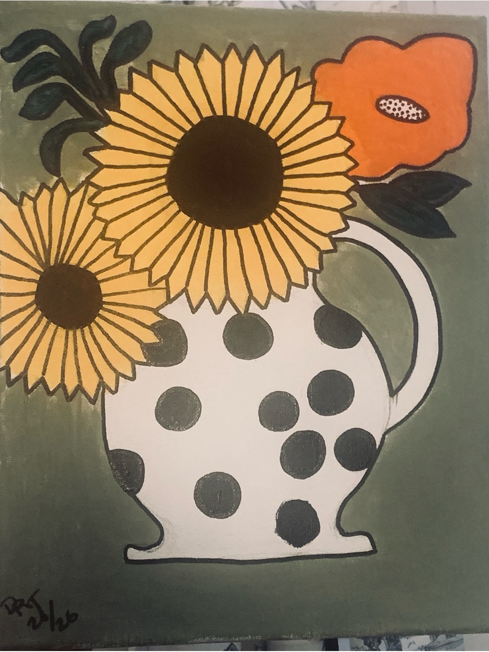 Sunflower Polka Dot Vase Wall Art - Yellow & Orange size 16x 20 made by me